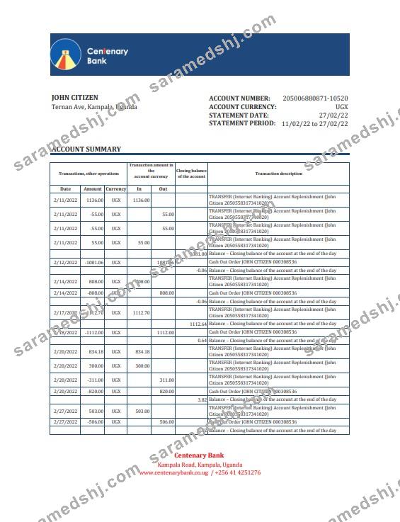 Uganda Centenary bank statement, Excel and PDF template